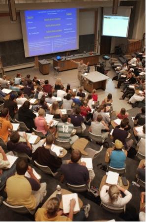 Physicist Carl Wieman teaches in a large college lecture hall Photo by Casey A. Cass/University of Colorado